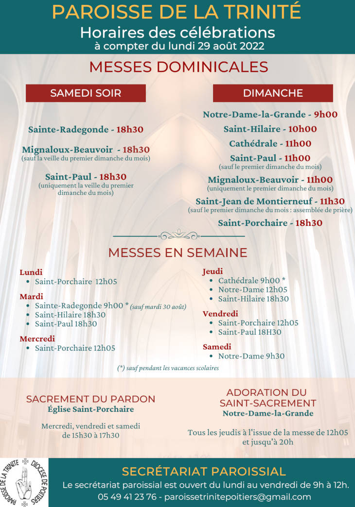 Horaires des célébrations, messes, confessions et adoration à partir du 29 août 2022 sur la paroisse de la Trinité de Poitiers