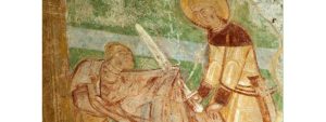 Saint Martin partageant son manteau, détail d'une peinture murale de l'église Saint-Hilaire de Poitiers